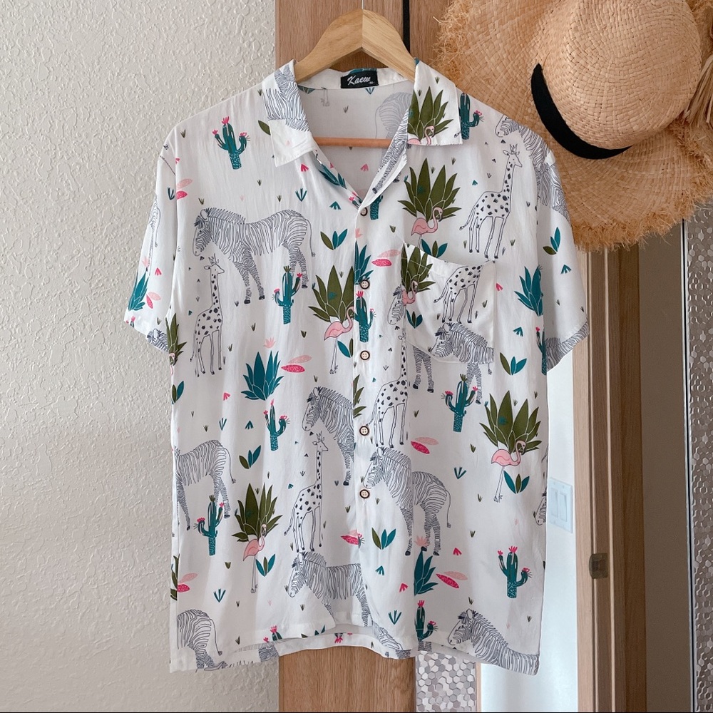 Men’s (Unisex) Zoo animal print flowy collared shirt in white